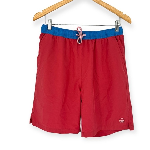 Peter Millar Red Swim Trunks with Blue Accents - Picture 1 of 8
